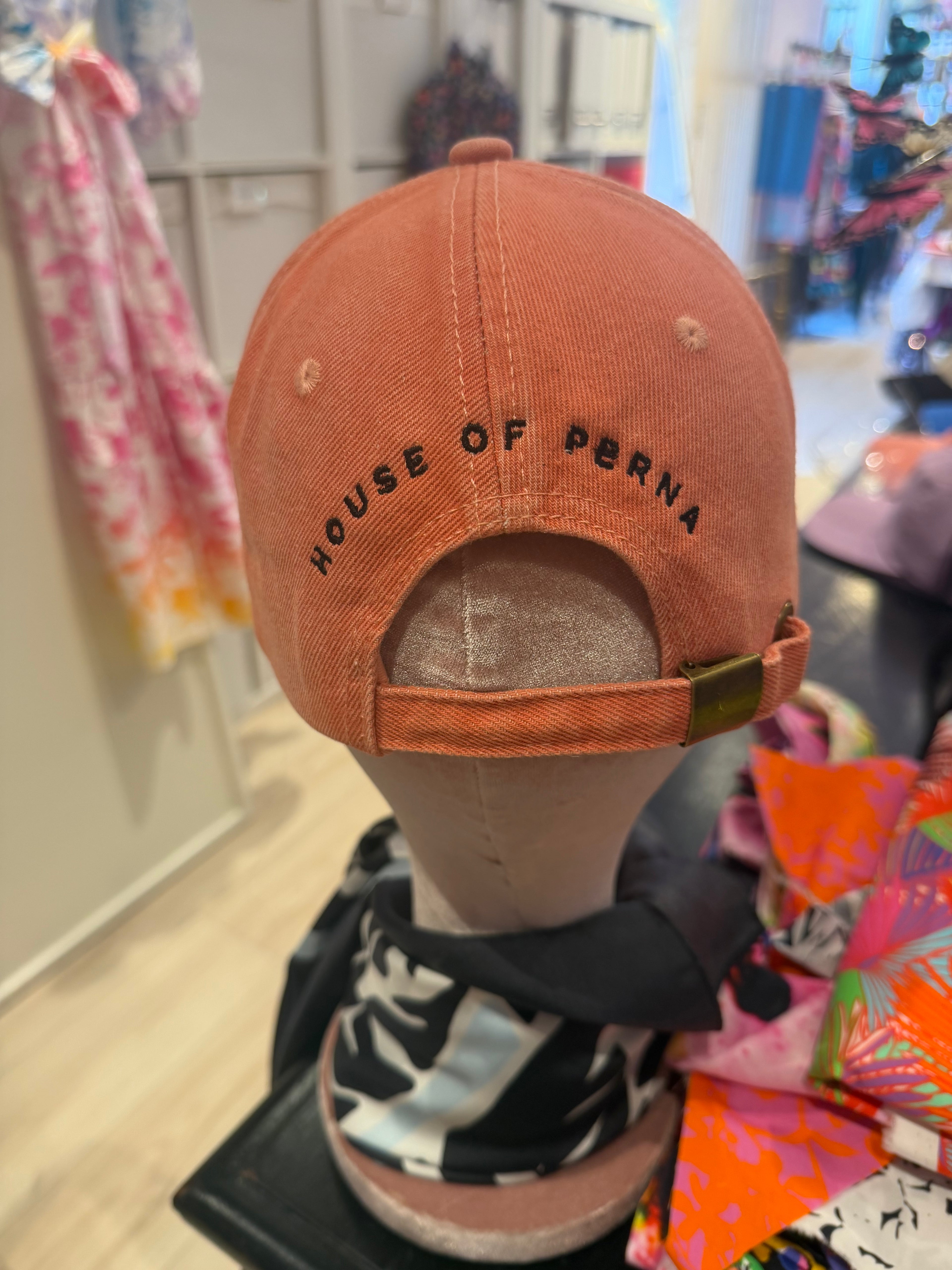 House of Perna Pink Denim Logo Flower Hat