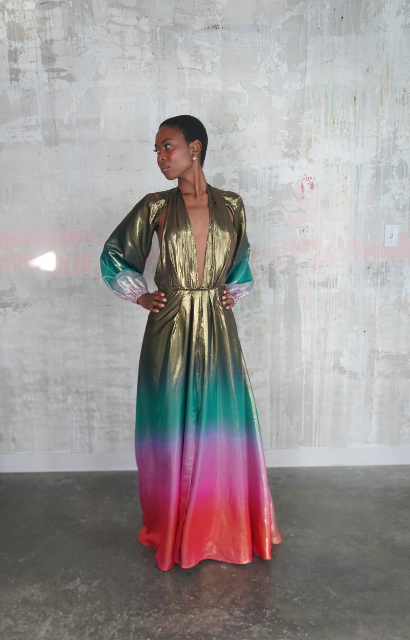 Carmen Metallic Silk Gown