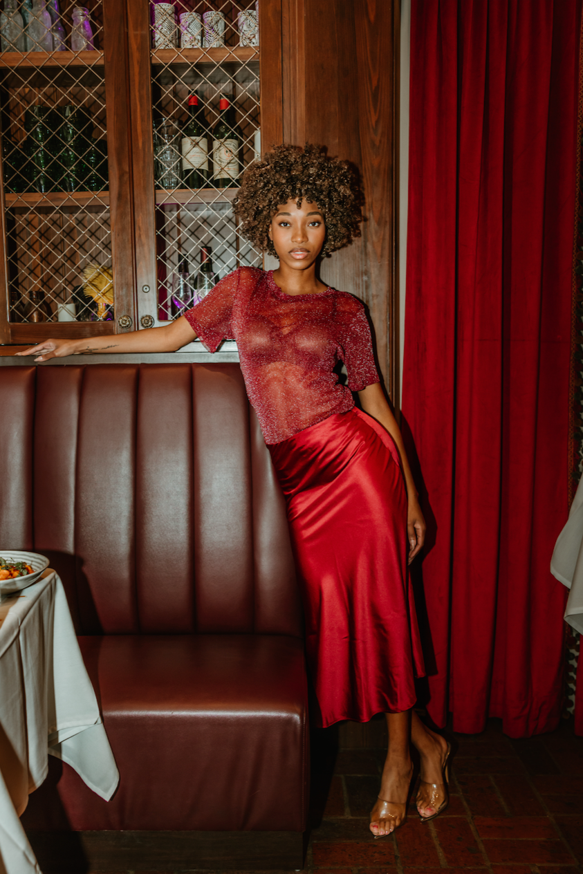 KAYLA BIAS MIDI SLIP SKIRT CRANBERRY